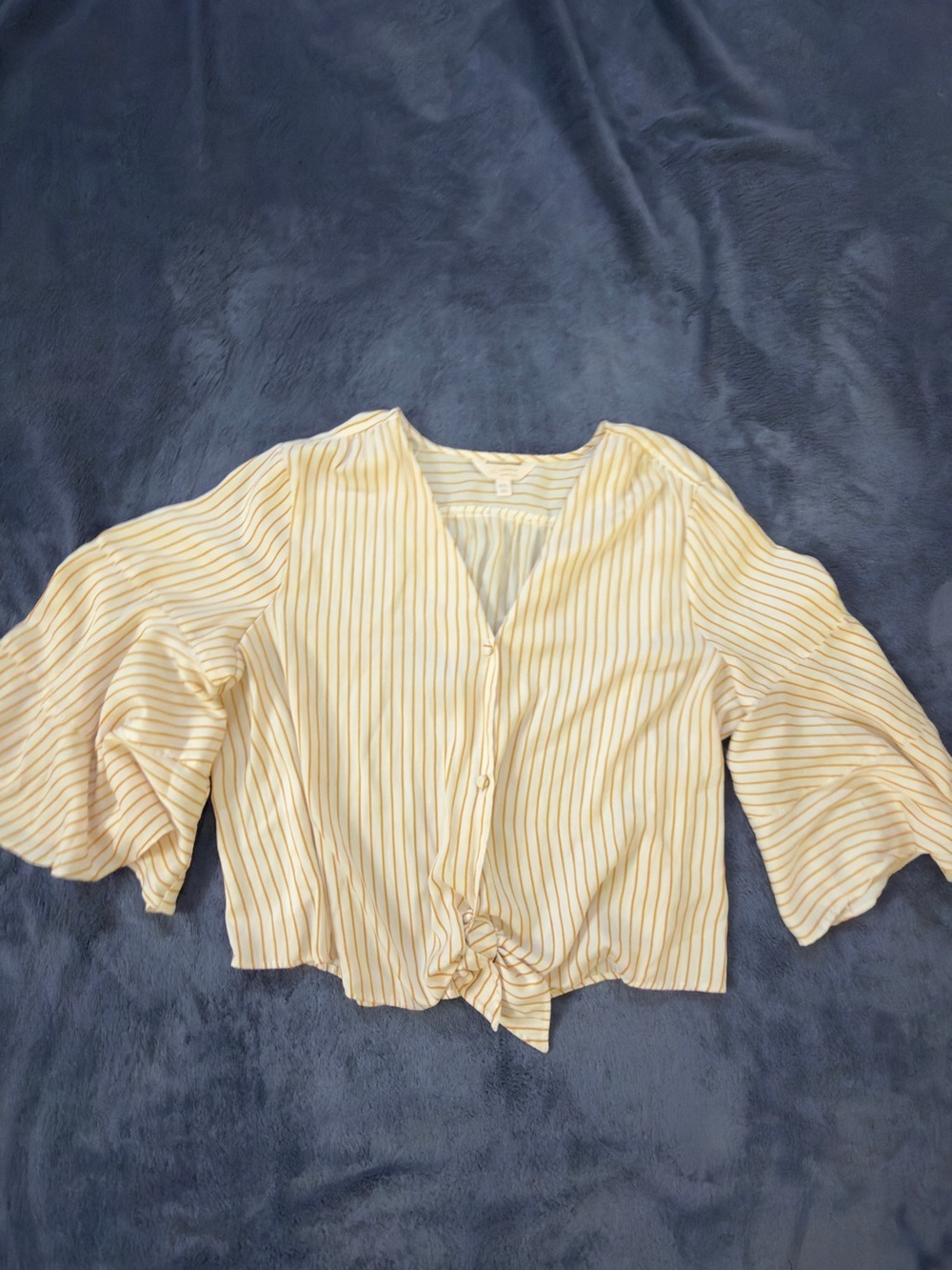 LC Lauren Conrad Cream and Yellow Striped Tie-Front Blouse